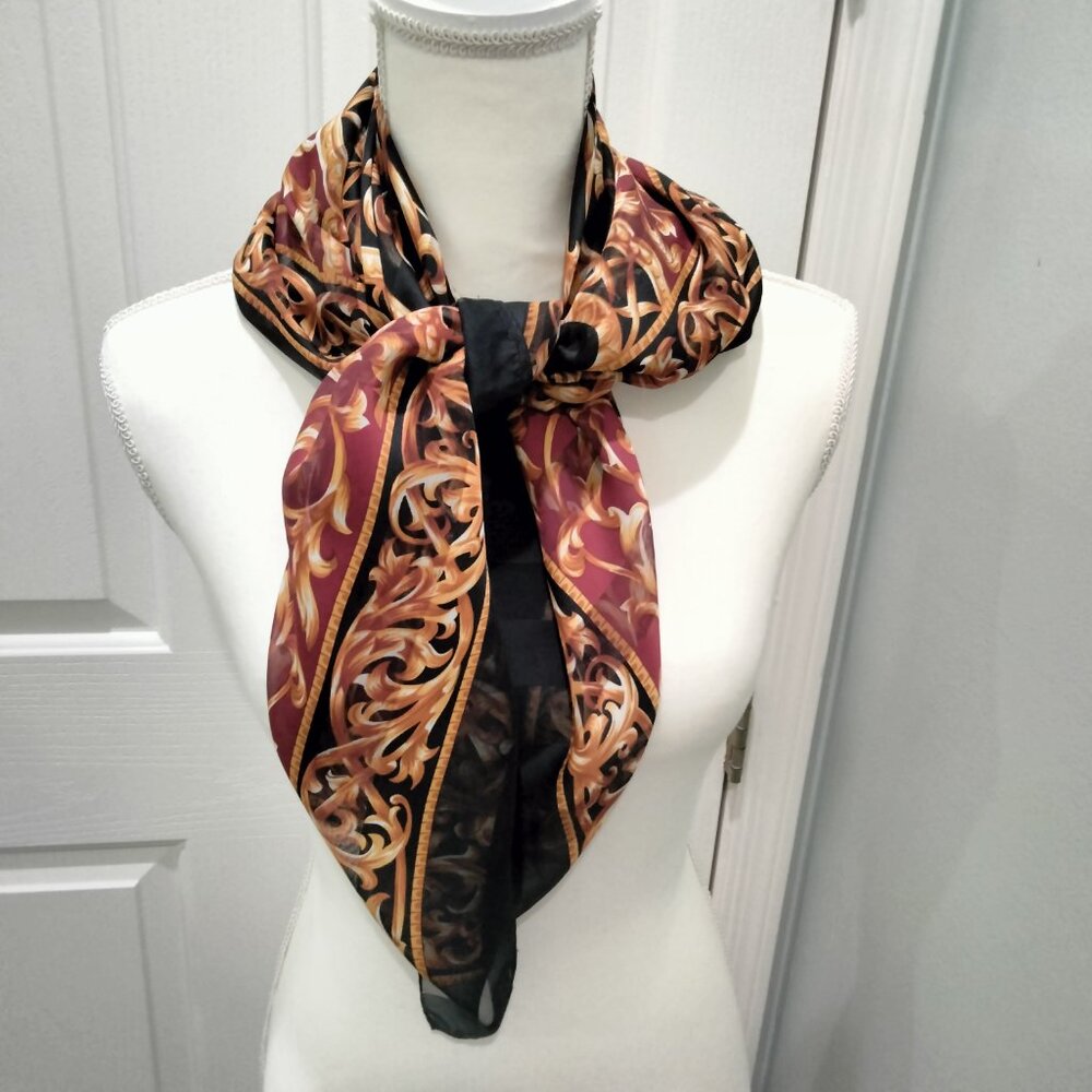 Sheer Scarf, Gold, Black, Burgundy Medallion Pattern, 34" Square, Polyester, New - Picture 4 of 10